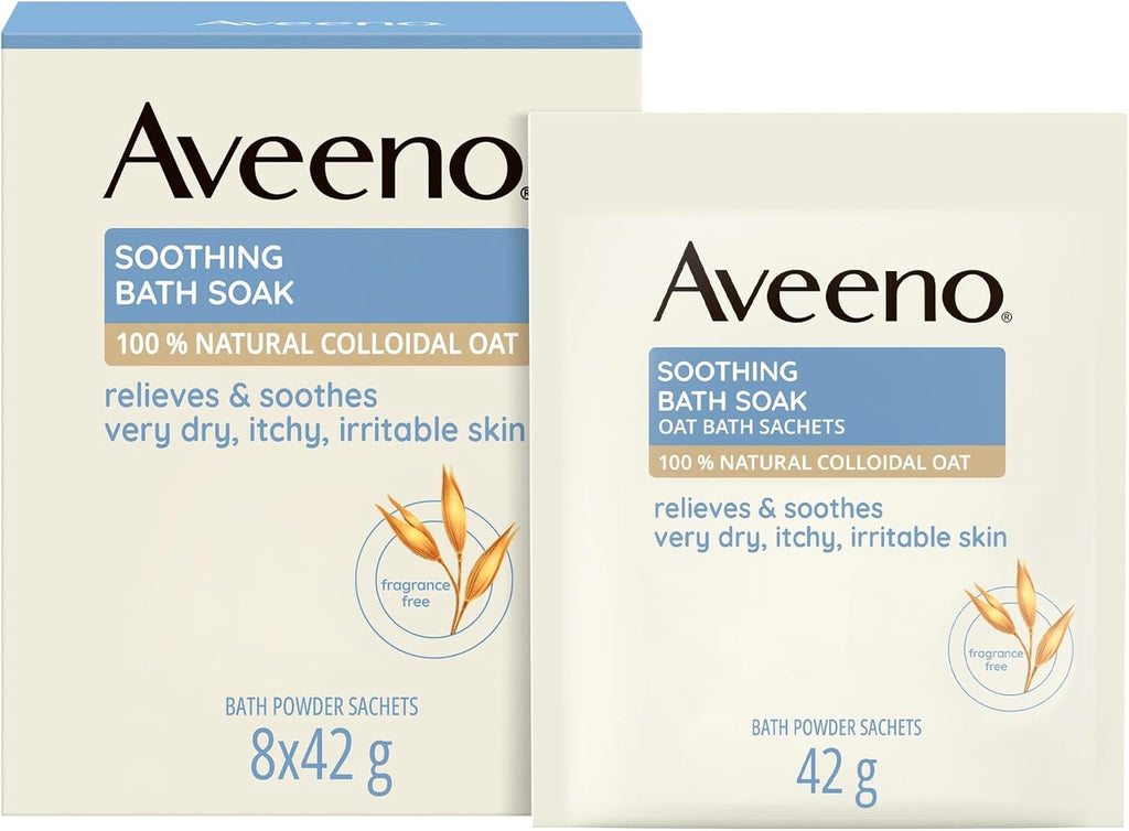 Aveeno Soothing Bath Soak 8 x 42g – Oat-Infused Bath Powder for Dry & Sensitive Skin